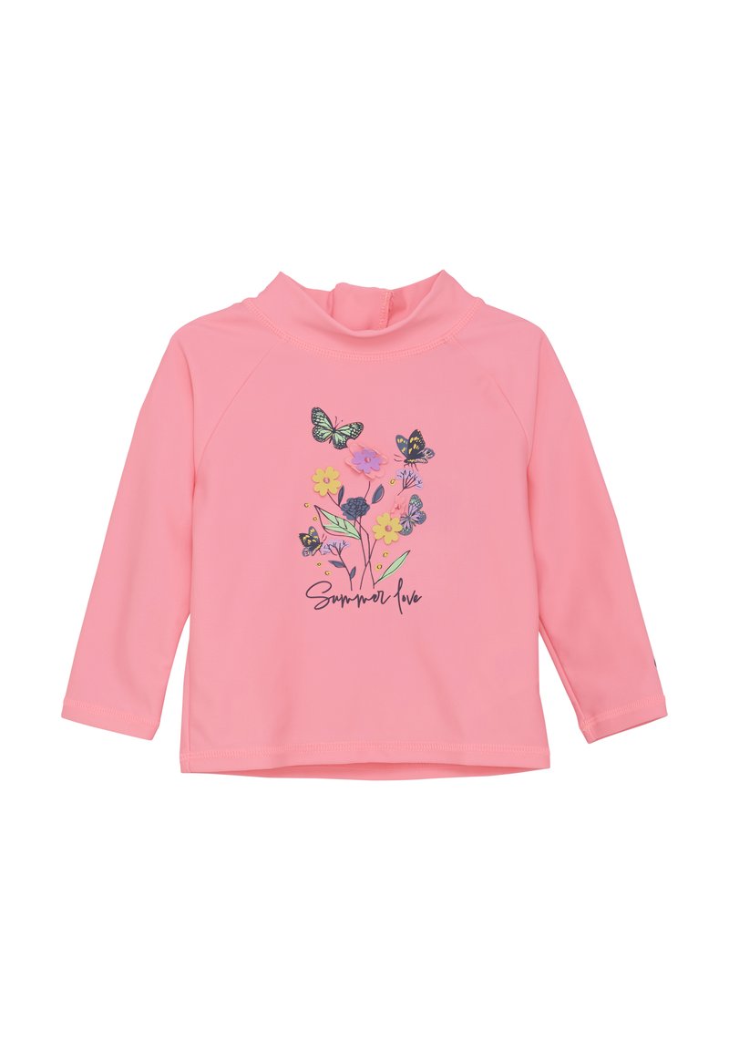 Långärmad rosa rash guard med ett blommigt och fjärilsdesign samt texten "Sommar Kärlek." Slät textur, hög hals.