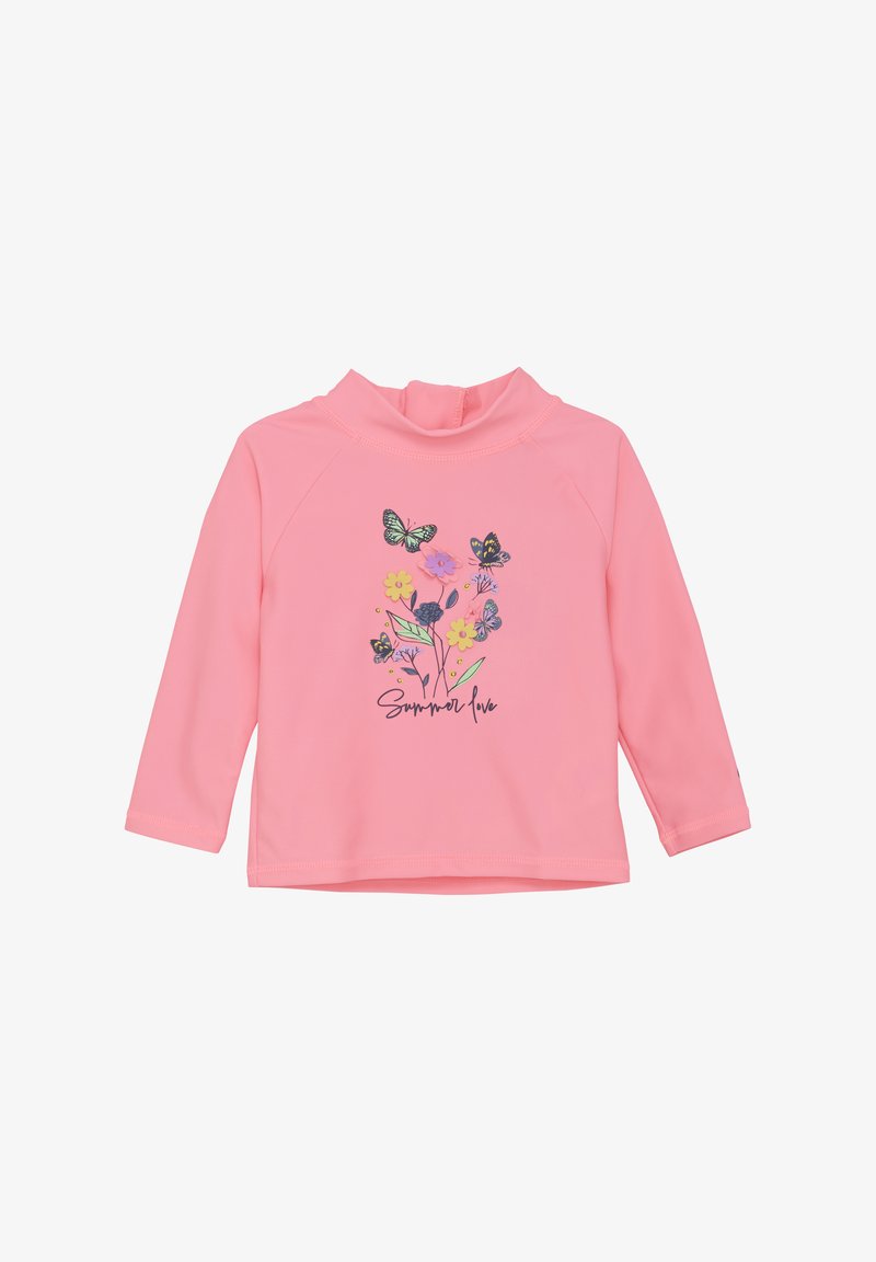 Långärmad rosa rash guard med ett blommigt och fjärilsdesign samt texten "Sommar Kärlek." Slät textur, hög hals.
