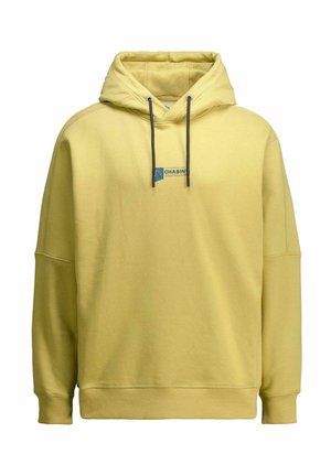 Geltonas gobtuvuotas džemperis su ilgomis rankovėmis, priekiniame skyriuje yra logotipas su užrašu „CHASIN’“ ir pilkomis kapišono raištelėmis.