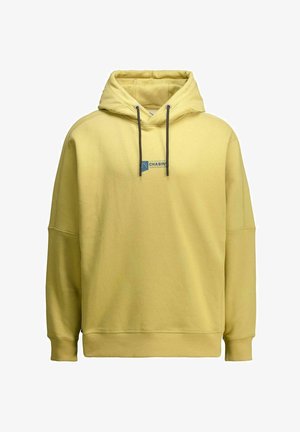 Kollane kapuutsiga pikkade varrukatega dressipluus, eesmine logomärk "CHASIN’" tekstiga ja kapuutsil hallid paelad.