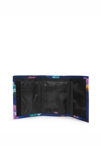 Portafoglio con motivo floreale e esterno blu navy. Dotato di interno nero, scomparti per carte e una tasca in rete. Chiusura in velcro. Tessuto durevole.