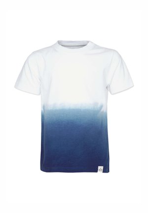 Puuvillainen t-paita, jossa valkoinen yläosa, joka haalistuu tummansiniseksi alhaalla. Lyhyet hihat, pyöreä kaula-aukko ja pieni etiketti helman kohdalla.