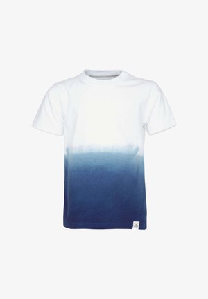 Bomulds t-shirt med en hvid overdel, der falmer til mørkeblå i bunden. Korte ærmer, rund hals og et lille mærke på kanten.