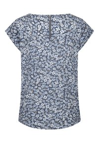 Top floreale da donna in blu con fiori bianchi. Maniche corte, scollo rotondo e chiusura a chiave sul retro. Tessuto morbido con motivo testurizzato.