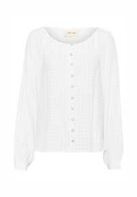 White, long-sleeved blouse with a textured pattern, rounded neckline, and front button closure featuring round, metallic buttons.
