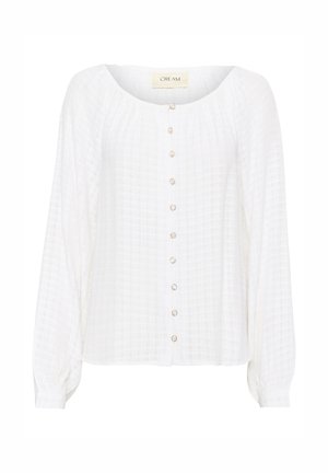 White, long-sleeved blouse with a textured pattern, rounded neckline, and front button closure featuring round, metallic buttons.