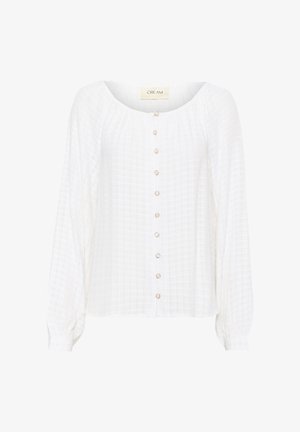 Weiße Bluse mit langen Ärmeln und strukturiertem Muster, runder Ausschnitt und Frontknopfverschluss mit runden, metallischen Knöpfen.