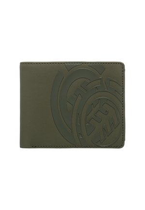Olive green wallet made from smooth material featuring embossed circular design. The edges are stitched, providing a clean finish.