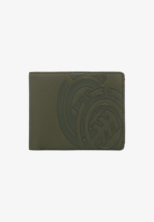 Olijfgroene portefeuille gemaakt van glad materiaal met een reliëfcirkelontwerp. De randen zijn gestikt, wat zorgt voor een nette afwerking.