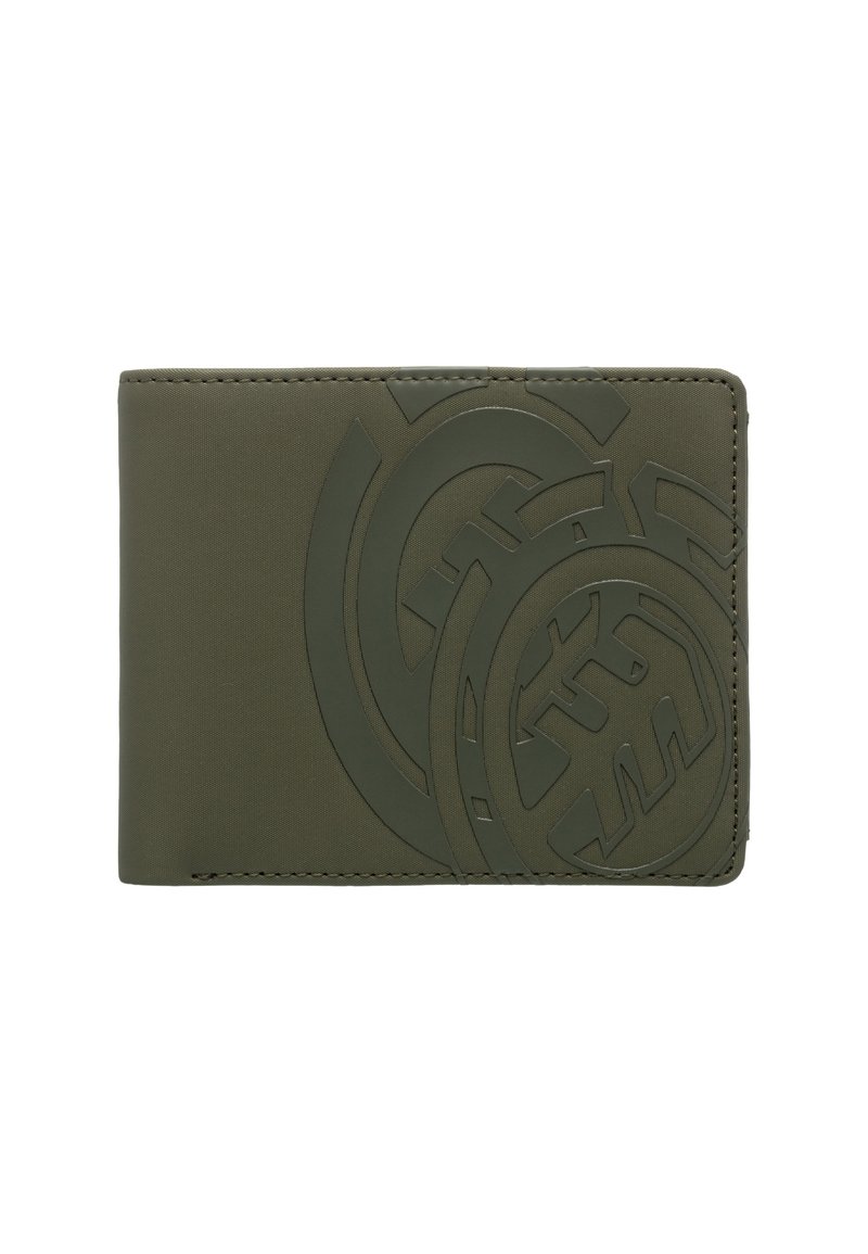 Cartera verde oliva hecha de un material suave con un diseño circular en relieve. Los bordes están cosidos, lo que proporciona un acabado limpio.