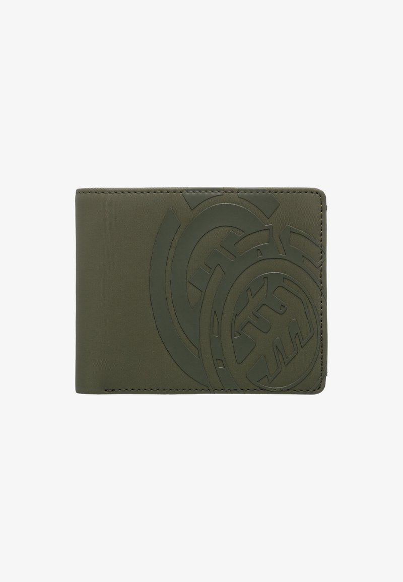 Portafoglio verde oliva realizzato in materiale liscio con un design circolare in rilievo. I bordi sono cuciti, offrendo una finitura pulita.