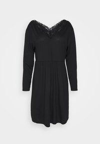 Vestido preto de manga longa com decote em V, adornado com renda. Cintura ajustada com saia franzida, feito de um tecido macio e leve.