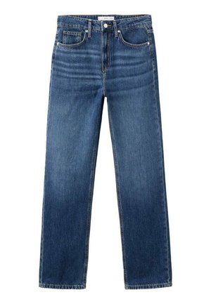 Classic straight-leg jeans in dark blue denim. Features five pockets, a button and zipper closure, and a raw hem finish.