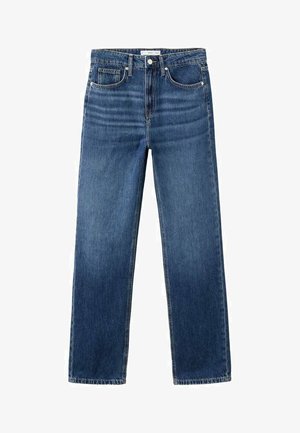 Classic straight-leg jeans in dark blue denim. Features five pockets, a button and zipper closure, and a raw hem finish.