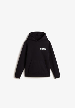 Sweat-shirt à capuche noir avec poche avant et logo "VANS" en blanc sur la poitrine gauche, posé à plat sur un fond blanc.