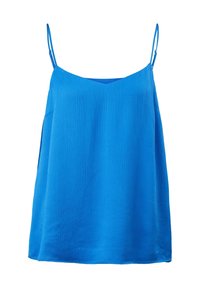 Blaues ärmelloses Oberteil mit verstellbaren Trägern, strukturiertem Stoff und V-Ausschnitt. Gerader Schnitt mit einem subtilen Fall.