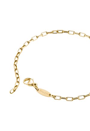 Goldene Gliederarmband mit länglichen Gliedern, Karabinerverschluss und einer mit "Thomas Sabo" gravierten Plakette. Glatte, glänzende Oberfläche.