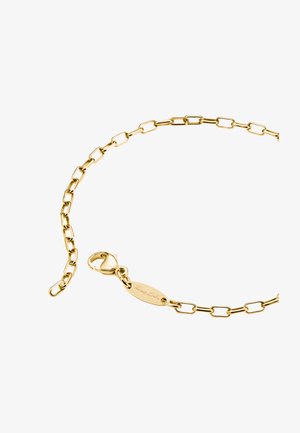 Goldene Gliederarmband mit länglichen Gliedern, Karabinerverschluss und einer mit "Thomas Sabo" gravierten Plakette. Glatte, glänzende Oberfläche.