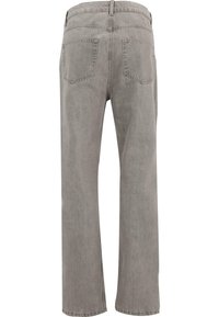 Grijze denim jeans met een recht gesneden pasvorm, voorzien van twee achterzakken en een eenvoudige tailleband. De stof heeft een zachte, gestructureerde afwerking.