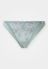 Green lace bikini with floral embroidery in purple and pink tones. Features soft fabric, delicate edges, and small pink bows at the sides.