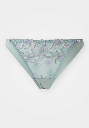 Bikini en dentelle verte avec broderie florale dans des tons de violet et de rose. Il est fabriqué en tissu doux, avec des bords délicats et de petits nœuds roses sur les côtés.