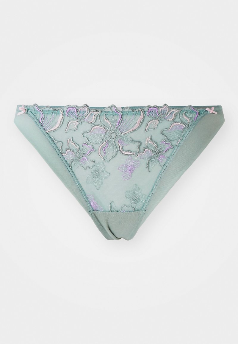 Grünes Spitzen-Bikini mit floraler Stickerei in lila und pinken Tönen. Aus weichem Stoff gefertigt, mit zarten Kanten und kleinen pinken Schleifen an den Seiten.