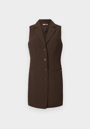 Brown sleeveless vest with a fitted design, notched lapel, and six button closures. Features two front pockets and a smooth texture.