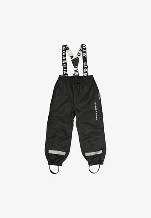 Mustat vedenpitävät housut säädettävillä suspendereilla, joissa on valkoista brändäystä. Elastinen vyötärö, heijastavat yksityiskohdat ja elastiset hihansuut.