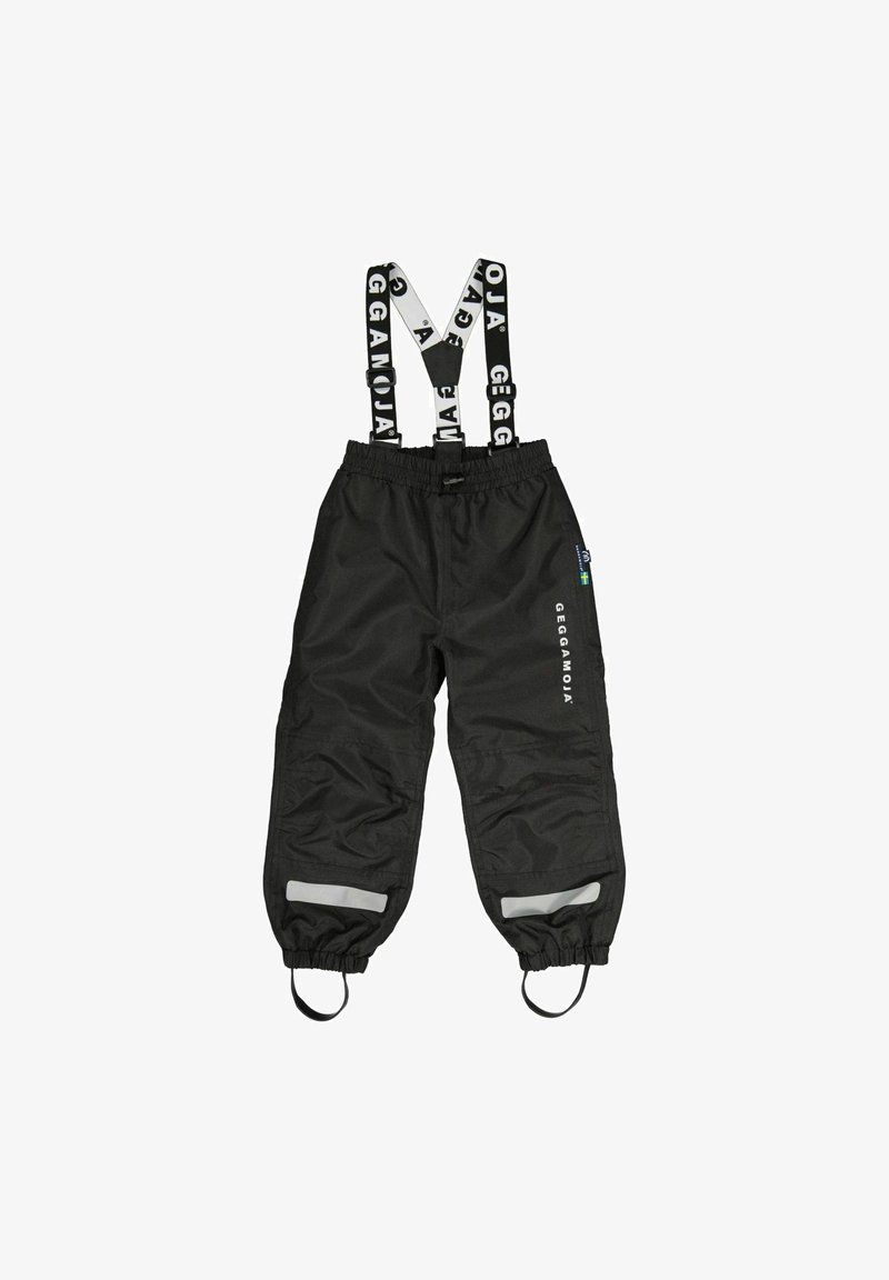 Svart vattentåliga byxor med justerbara hängslen som har vit logotyp. Elastisk midja, reflektiva detaljer och elastiska grenskärningar.