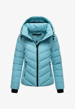 Lys blå polstret vinterjakke med svart glidelås, justerbar hette og sidelommer med glidelås, designet for kaldt vær.