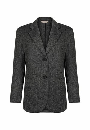 Mörkgrå herringbone-blazer med slagkragar, två svarta knappar, långa ärmar och framfickor.