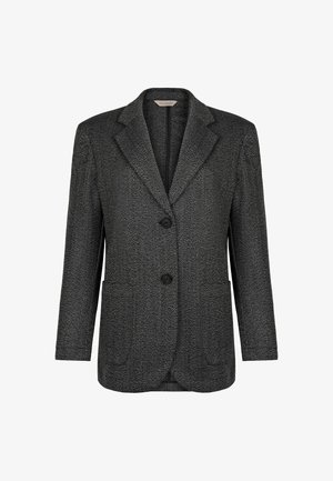 Mörkgrå herringbone-blazer med slagkragar, två svarta knappar, långa ärmar och framfickor.