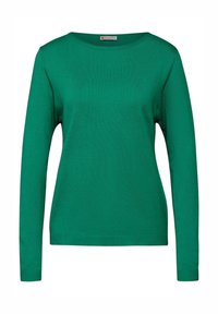 Pull vert à manches longues en tissu tricoté doux ; présente un col rond et des poignets côtelés avec une texture lisse.