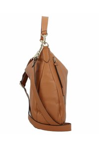 Borsa a mano in pelle marrone chiaro con superficie testurizzata, dotata di tracolla removibile, accessori in oro e una tasca laterale con cerniera.
