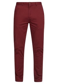 Chino in cotone borgogna con vestibilità slim, fronte piatto e zip; presenta una chiusura con bottone e design standard a cinque tasche.