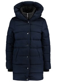 Marinblå pufferjacka med huva, med en quiltad design, framknäppning med tryckknappar och sidofickor. Innersidan är svart.