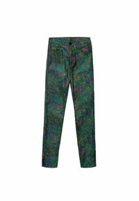 Spodnie w kwiatowy wzór w odcieniu zieleni, z mieszanką małych, kolorowych kwiatów. Wykonane z denimu, o dopasowanym kroju i standardowym, pięcioosobowym designie kieszeni.