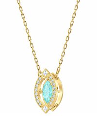 Goldkette mit einem ovalen türkisfarbenen Edelstein, umgeben von klaren Strasssteinen und einem geometrischen Akzent. Kettenglied-Design.