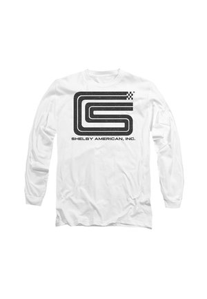 Langärmliges weißes T-Shirt aus Baumwolle, mit einem schwarzen Grafikdesign und dem Text "SHELBY AMERICAN, INC." sowie karierter Akzente.