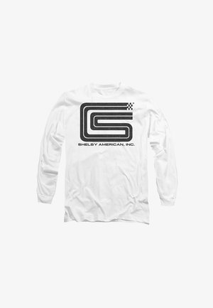 Long-sleeve white T-shirt made of cotton, featuring a black graphic design with the text "SHELBY AMERICAN, INC." and checkered accents.