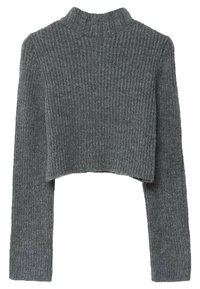 Grauer, kurzer Pullover aus geripptem Strickstoff mit hohem Halsausschnitt und langen Ärmeln. Hat einen geraden Saum am unteren Ende.