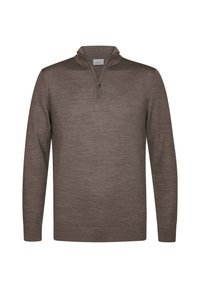 Brauner Zip-Pullover aus strukturiertem Stoff. Besitzt einen hohen Kragen, lange Ärmel und einen geraden Saum. Minimalistisches Design.