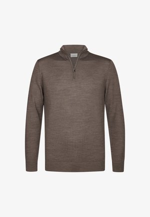 Maglione marrone con zip realizzato in un tessuto testurizzato. Presenta un colletto alto, maniche lunghe e un orlo dritto. Design minimalista.