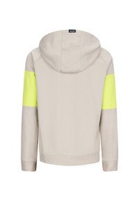 Felpa con cappuccio in tessuto beige con accenti giallo neon sulle maniche. Presenta una vestibilità rilassata e polsini a costine all'orlo e alle maniche.