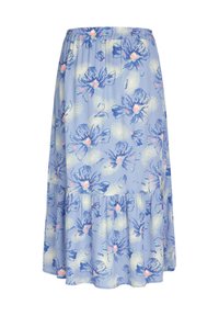 Fustă florală din material light blue, cu un design în straturi. Prezintă un model floral colorat în nuanțe de albastru și roz, cu un elastic la talie.