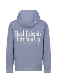 Gray hoodie with a kangaroo pocket, large white text on the back, and a cartoon hand logo on the hood. Ribbed cuffs and hem.