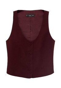 Gilet sans manches bordeaux foncé avec un décolleté en V profond et quatre boutons assortis sur le devant.