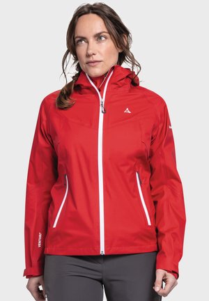 Red waterproof jacket with a hood, featuring white zip and reflective accents. Constructed from smooth, lightweight material.