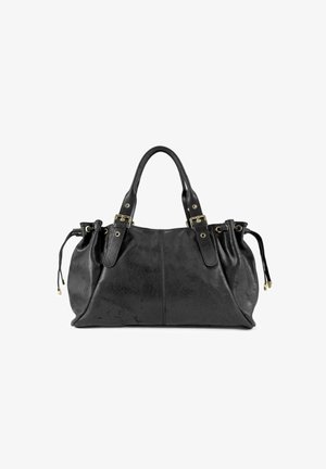 Sac à main en cuir noir avec deux poignées, accents en boucle dorée et poches latérales à cordon, sur fond blanc.