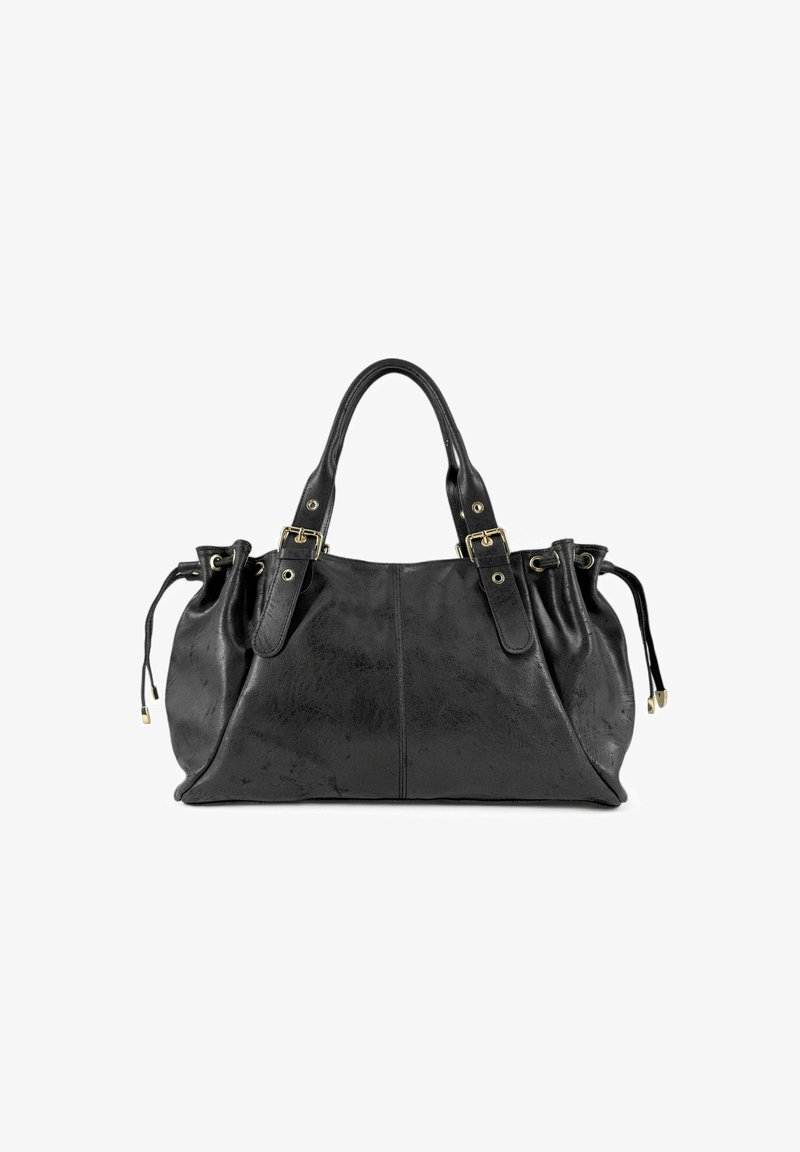 Sac à main en cuir noir avec deux poignées, accents en boucle dorée et poches latérales à cordon, sur fond blanc.